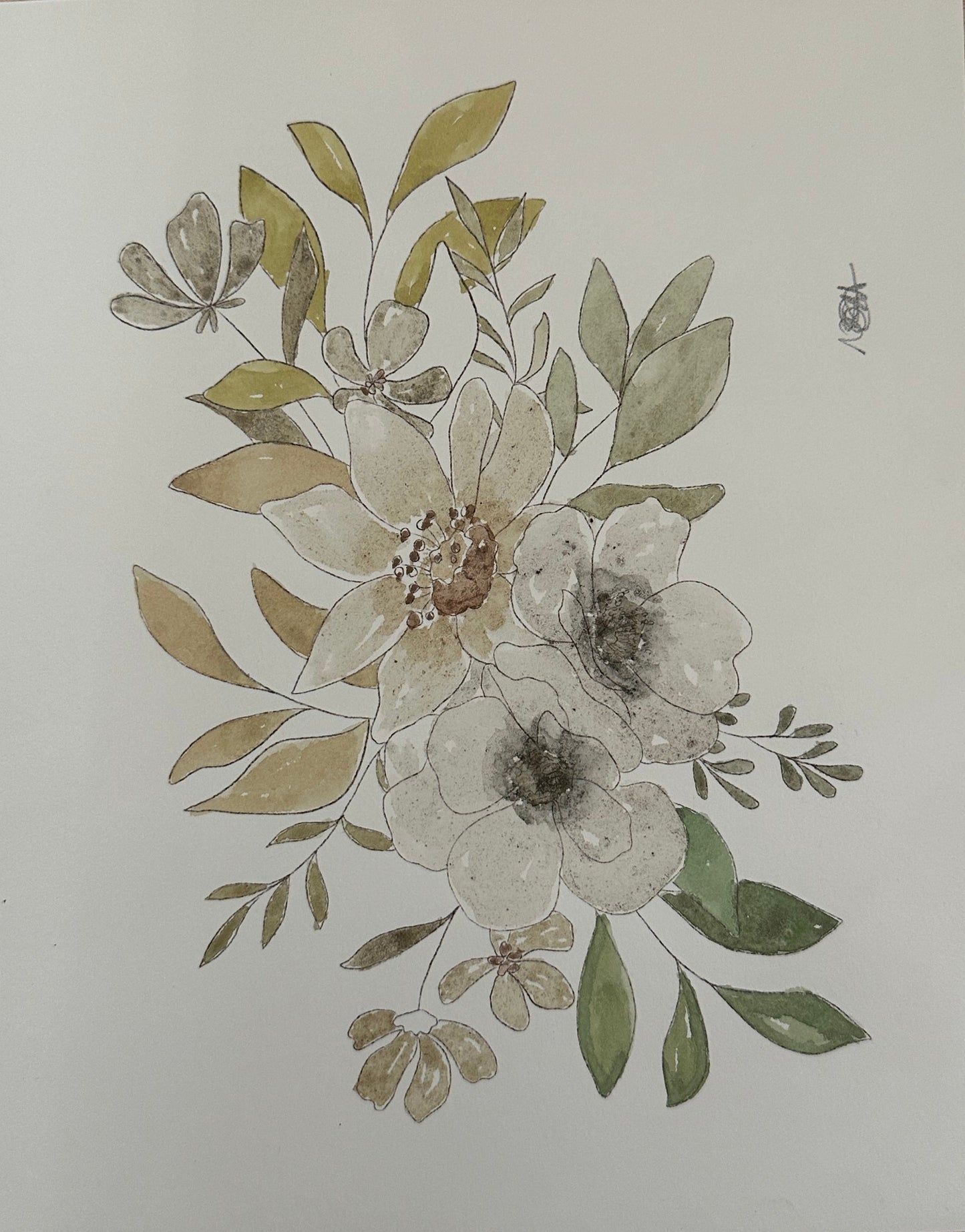 A watercolor floral art print featuring white and beige flowers with green and muted gold leaves, displayed on a light wood surface.