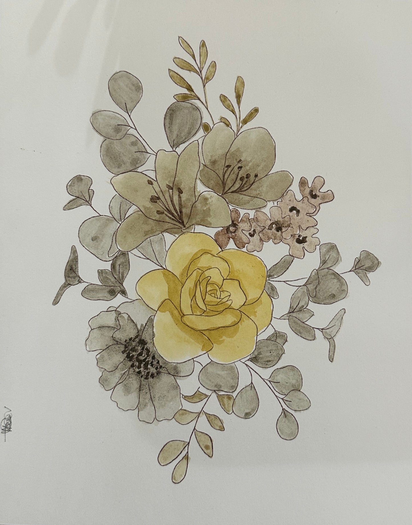 A watercolor and ink floral illustration on white paper, featuring a central yellow rose surrounded by muted gray-green leaves and small pale pink blossoms, photographed on a wooden surface.