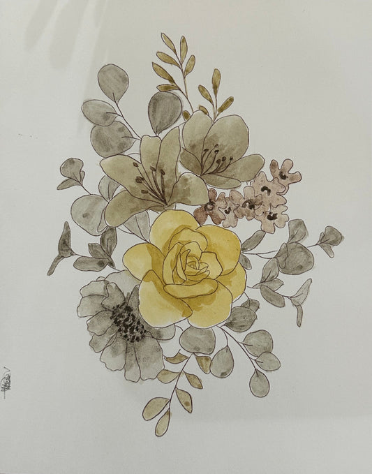 A watercolor and ink floral illustration on white paper, featuring a central yellow rose surrounded by muted gray-green leaves and small pale pink blossoms, photographed on a wooden surface.