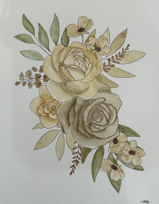 A floral watercolor painting featuring cream and beige roses with green leaves, presented on a white sheet of paper over a light wood surface.