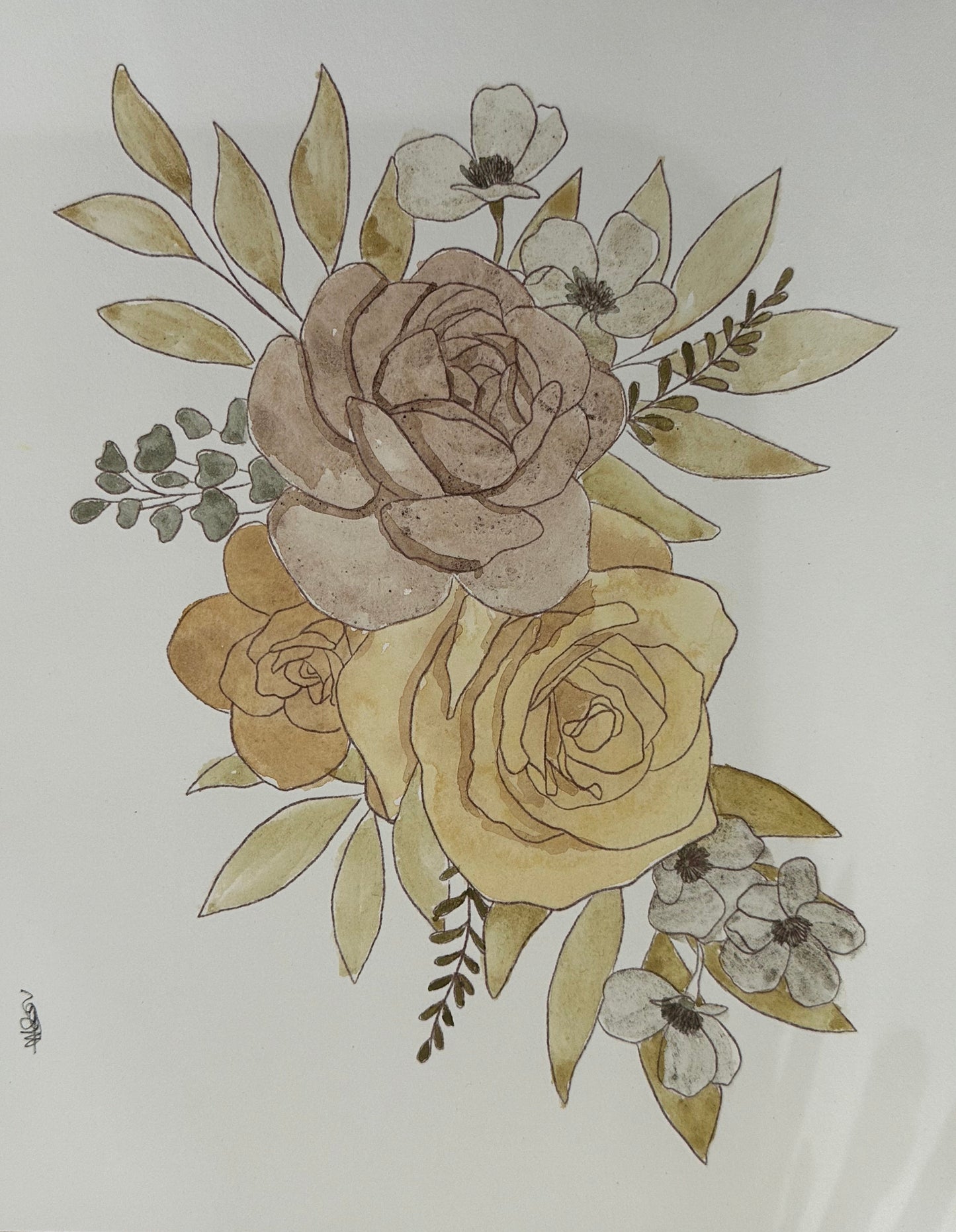 A watercolor-style floral illustration featuring two large roses, smaller blossoms, and leaves in muted beige, tan, olive, and gray tones on a white sheet of paper.