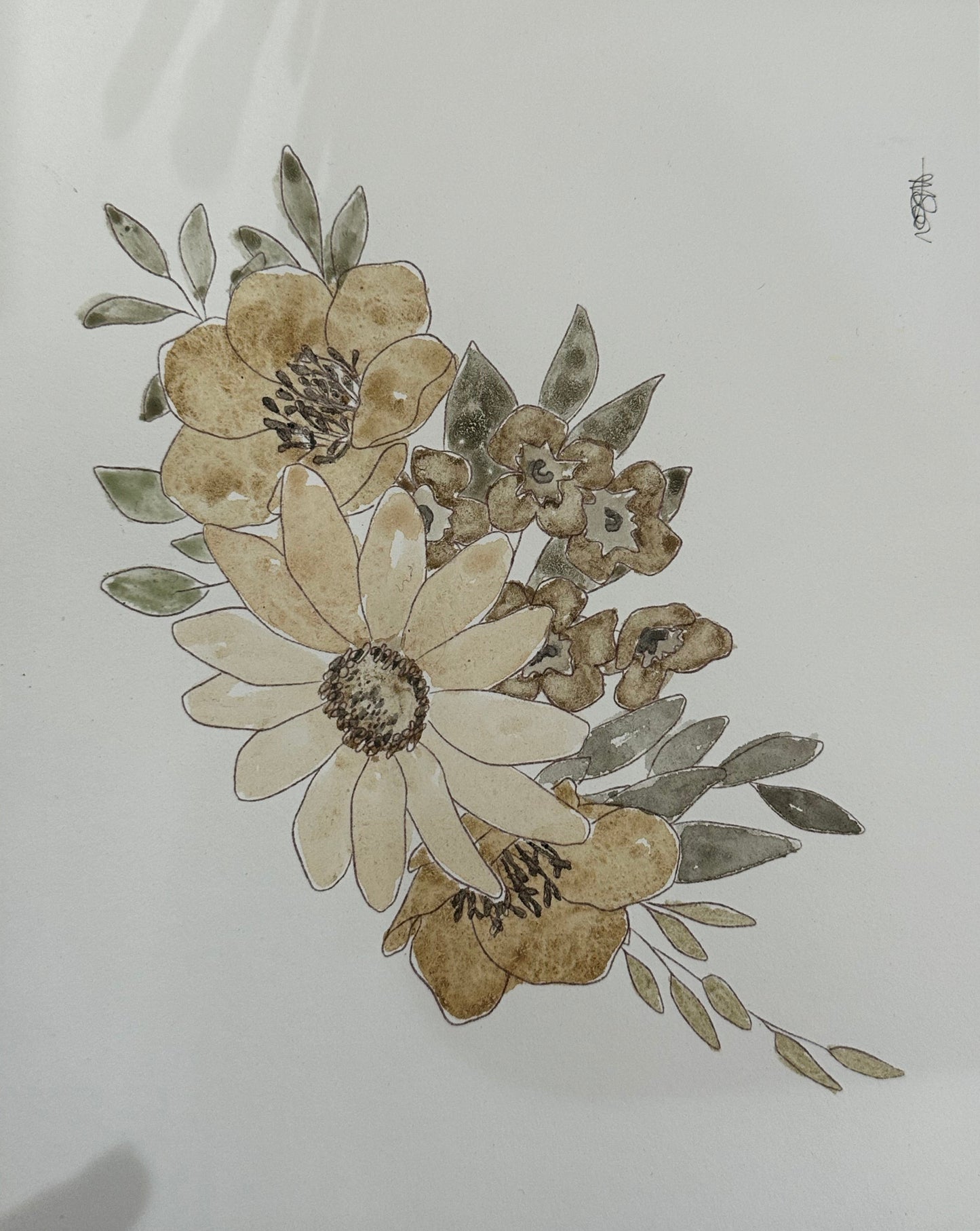 A floral watercolor painting on white paper, featuring cream, tan, and muted green flowers with leaves, photographed against a light wood surface.