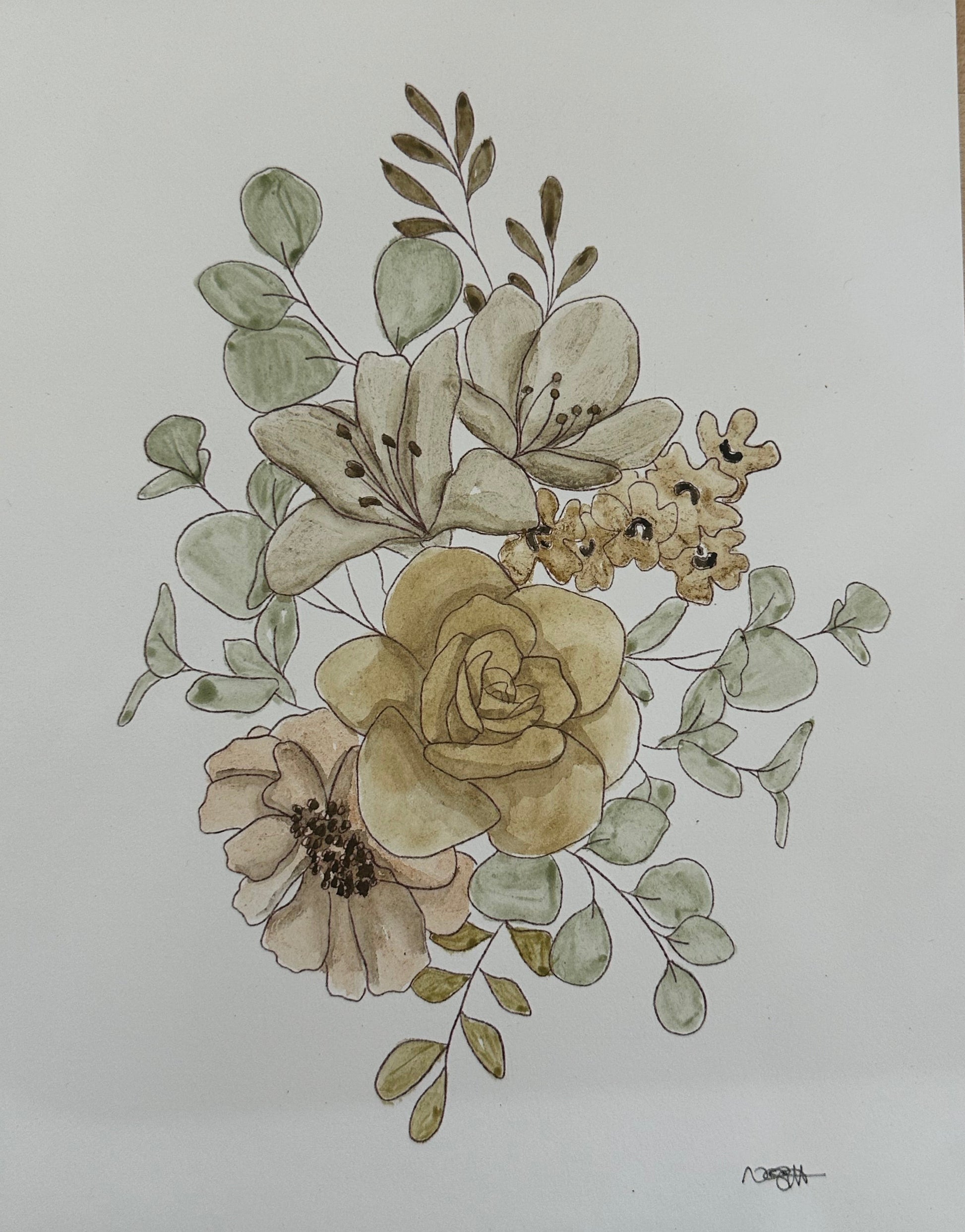 A botanical illustration of a floral bouquet featuring a large central yellow-beige rose, a peach flower, and pale green leaves, drawn on a white sheet of paper.