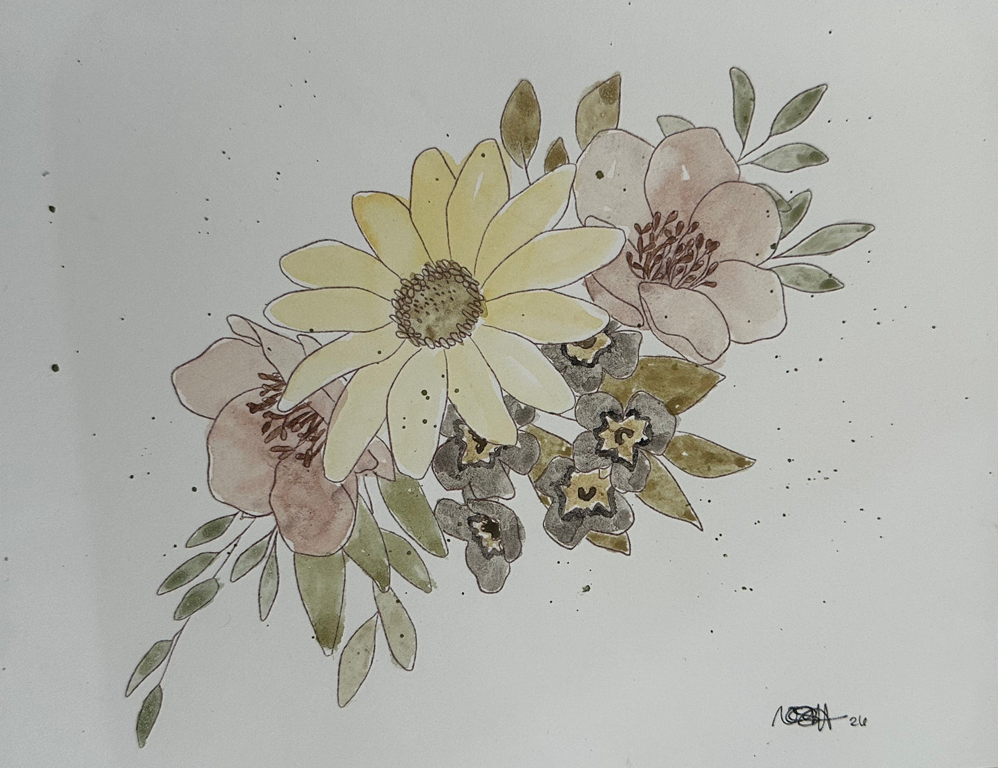 A watercolor floral painting on white paper, featuring a large pale yellow flower, soft blush pink blossoms, muted green leaves, and small gray flowers with yellow centers. The artwork is photographed from above on a light wood surface.
