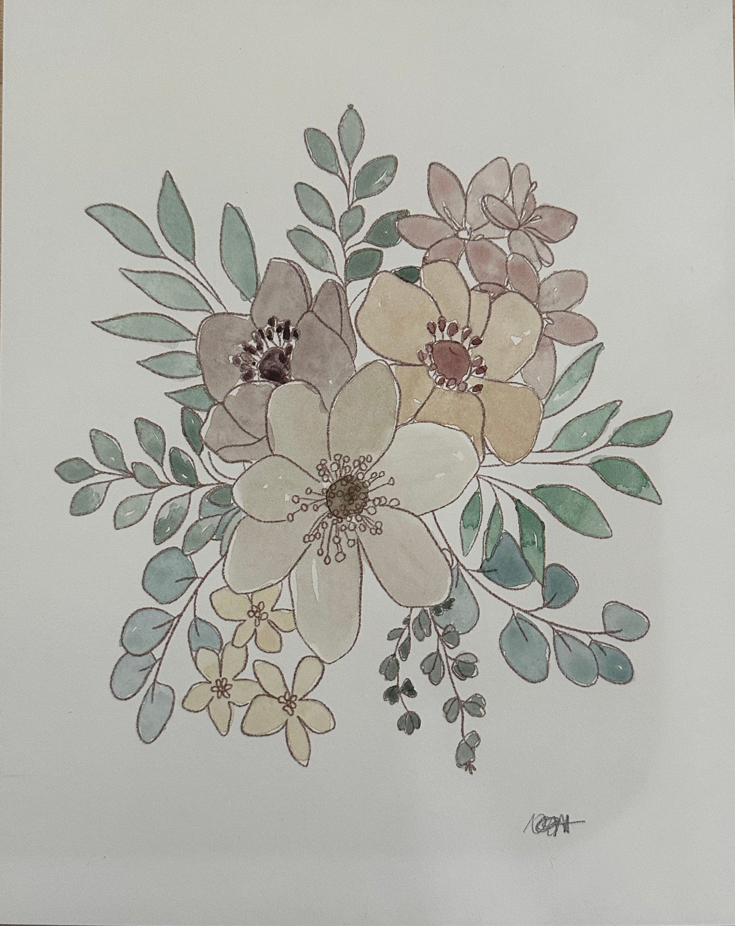 A botanical art print featuring delicate hand-drawn flowers and leaves in muted pastel tones of sage green, cream, beige, and dusty pink, displayed on a light wood surface.