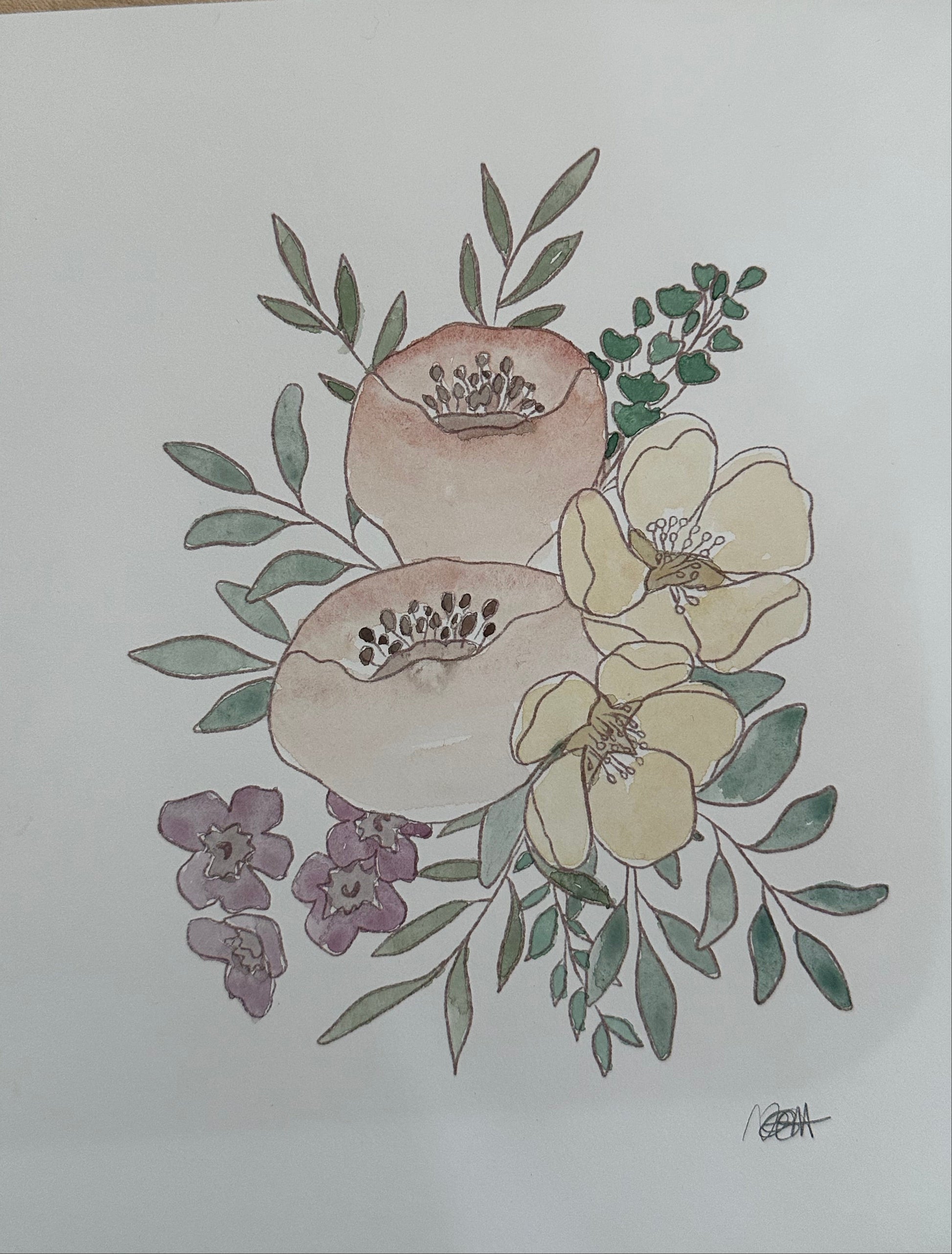 A botanical art print featuring watercolor-style flowers and leaves, including pale yellow blossoms, purple flowers, and peach-colored fruit, arranged on a white sheet of paper over a light wood surface.