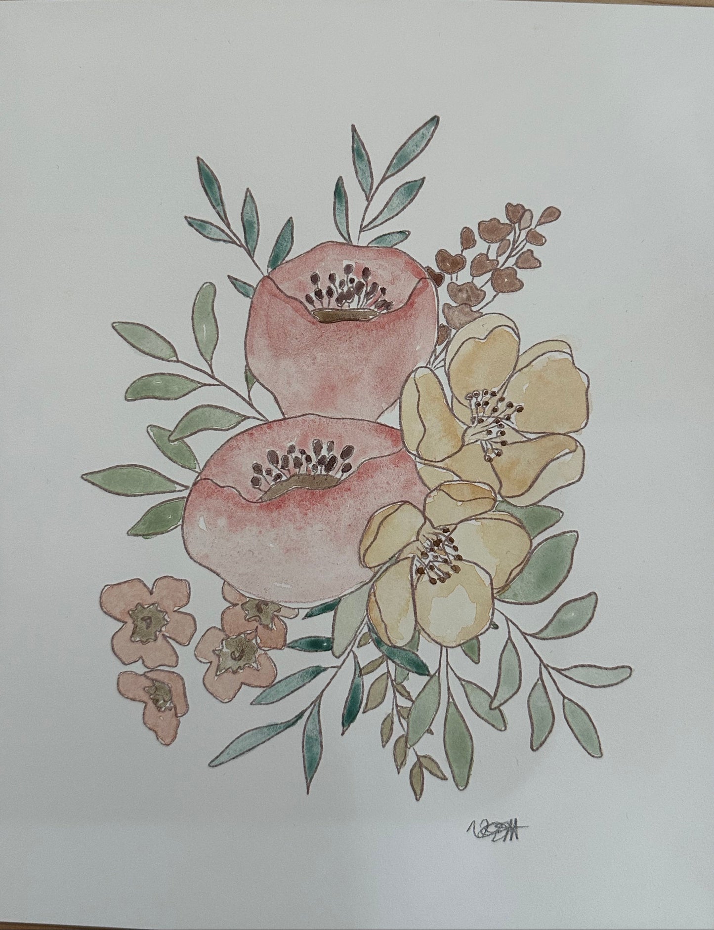 A watercolor floral illustration on white paper, featuring two large dusty pink flowers, two pale yellow flowers, and green leaves, photographed from above on a light wood surface.