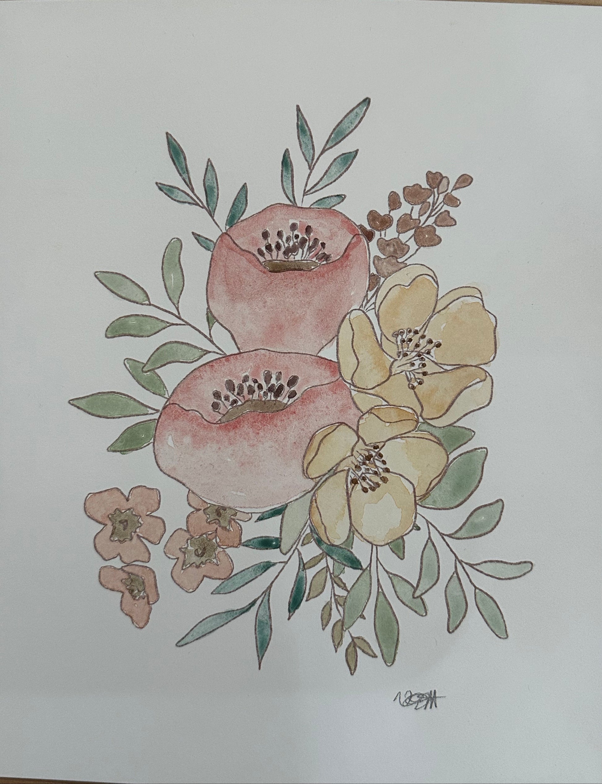 A watercolor floral illustration on white paper, featuring two large dusty pink flowers, two pale yellow flowers, and green leaves, photographed from above on a light wood surface.