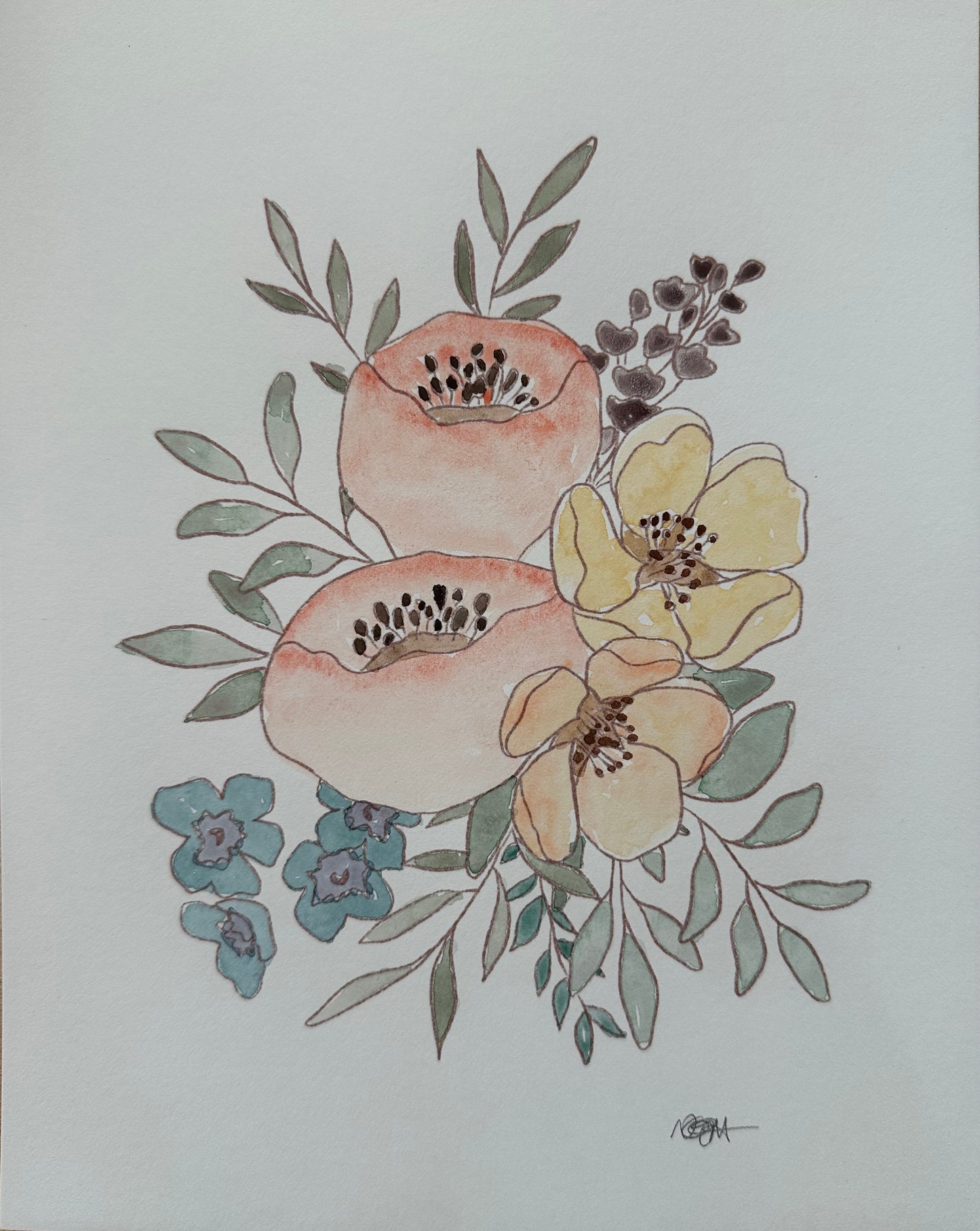 A watercolor floral art print featuring peach, yellow, and blue flowers with green leaves on a white sheet of paper, placed on a light wood surface.