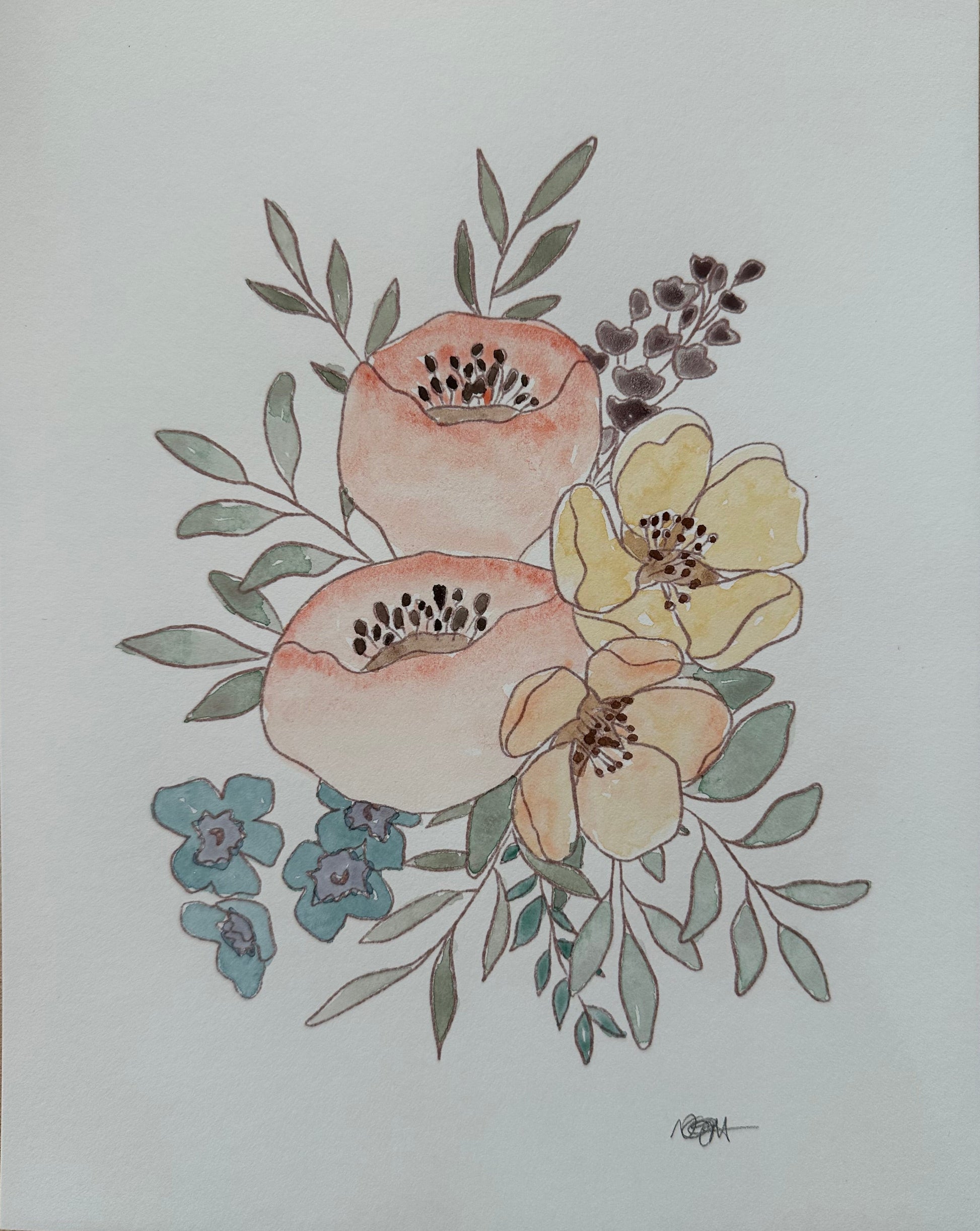A watercolor floral art print featuring peach, yellow, and blue flowers with green leaves on a white sheet of paper, placed on a light wood surface.