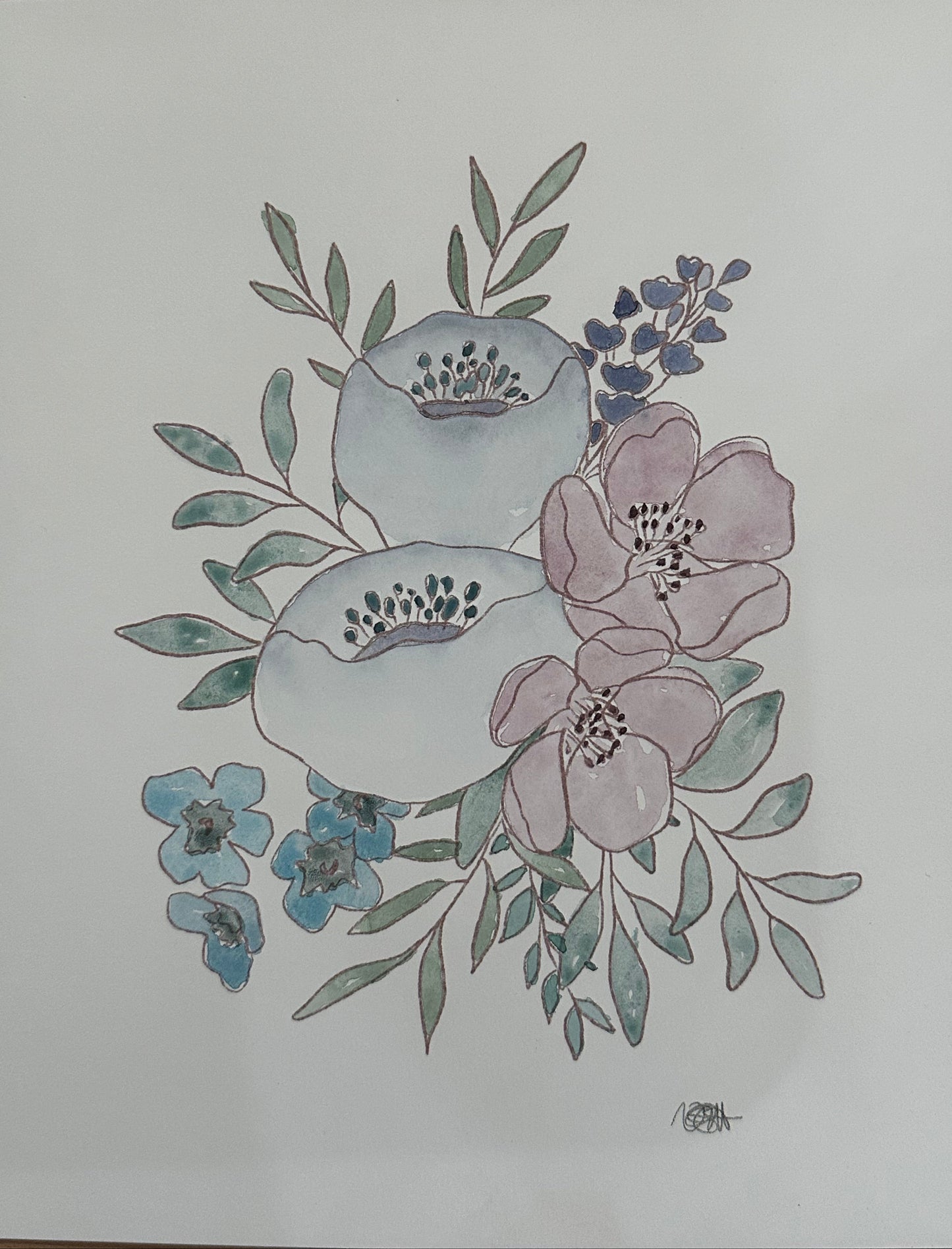 A floral watercolor painting on white paper, featuring pale blue calla lilies, pink flowers, and green leaves, displayed on a wooden surface.