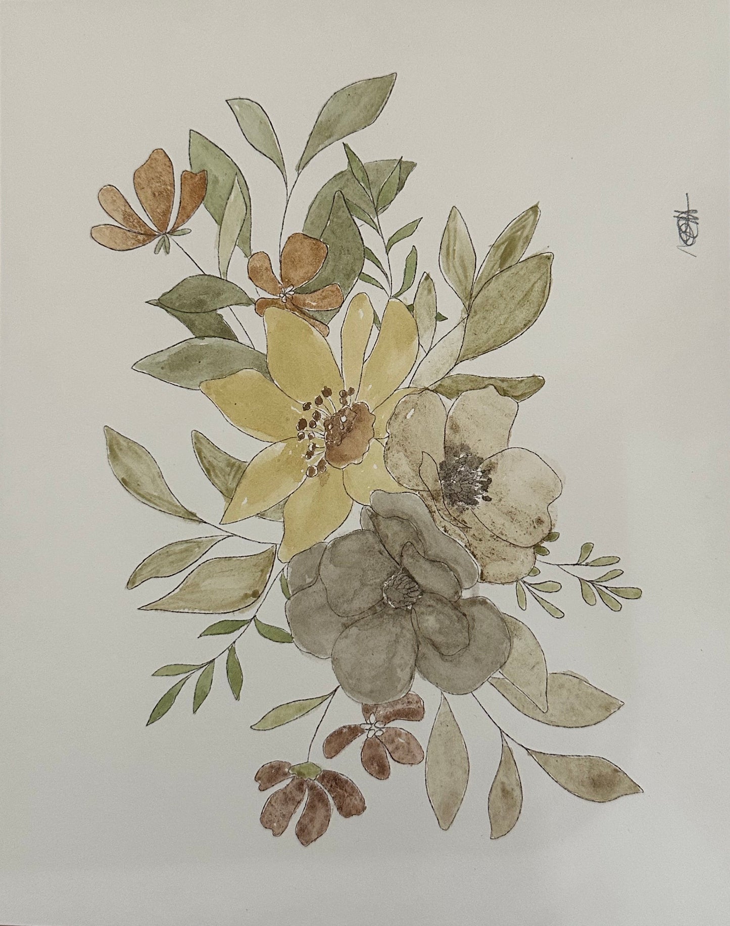 A watercolor floral art print featuring a central yellow flower surrounded by green and brown leaves, displayed on a light wood surface.