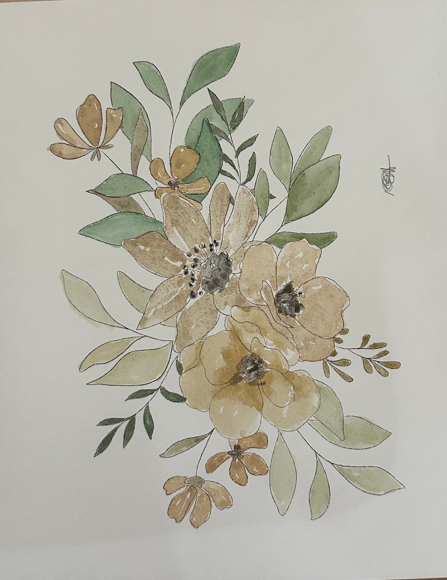 A watercolor floral art print featuring beige and green flowers with leaves, displayed on a light wood surface.