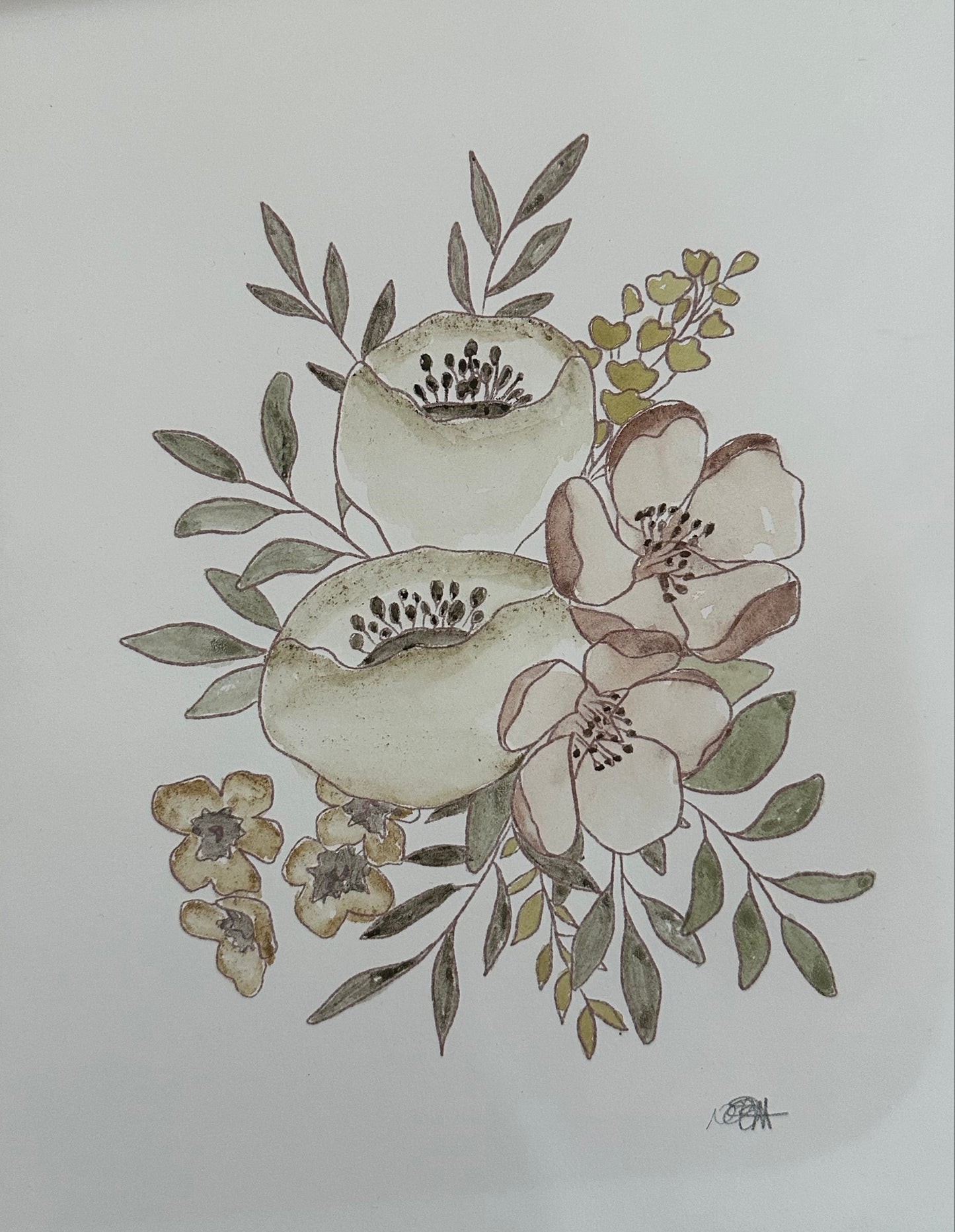 A botanical watercolor painting on white paper, featuring pale cream and beige flowers with muted green and gray-green leaves, photographed against a light wood background.