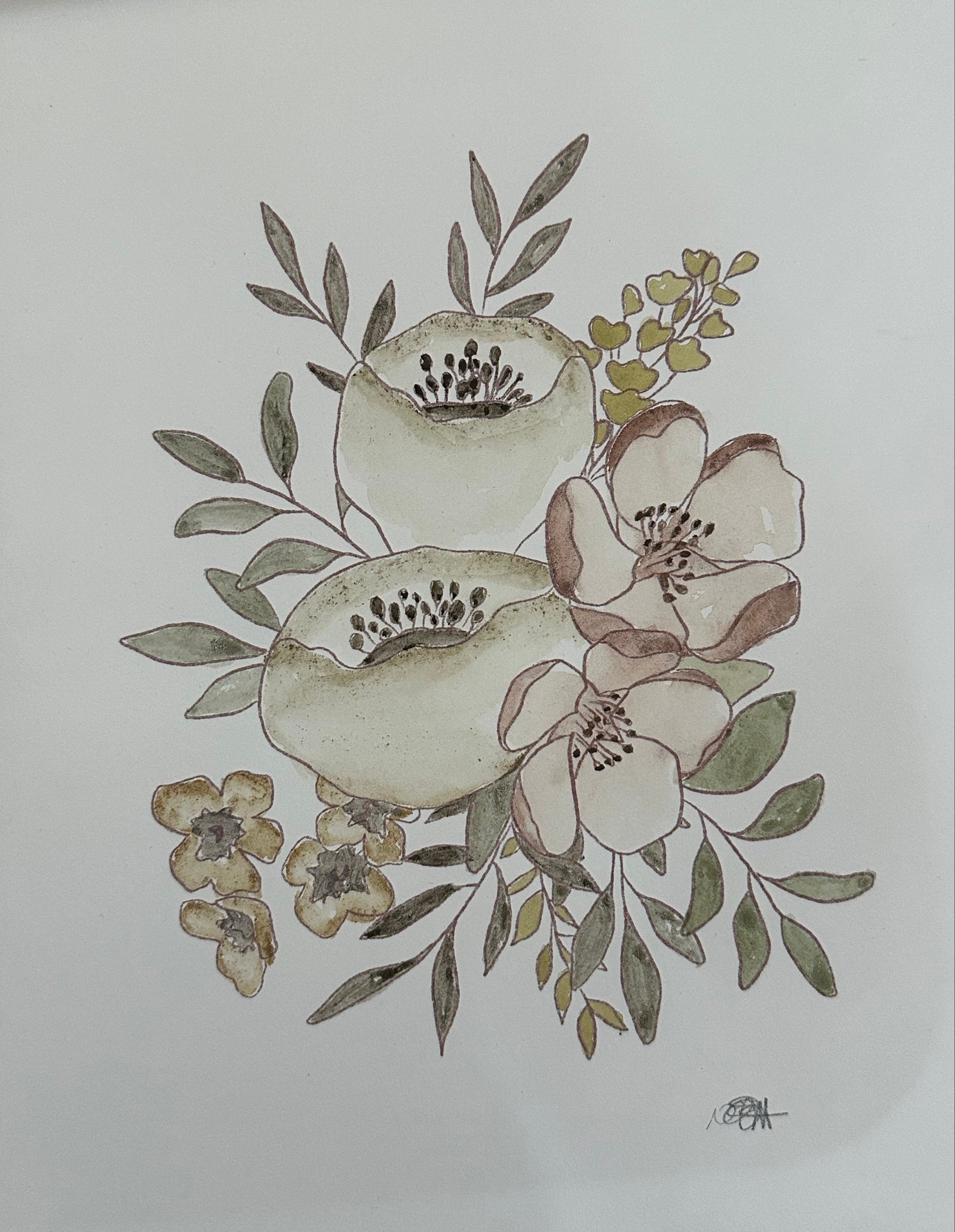 A botanical watercolor painting on white paper, featuring pale cream and beige flowers with muted green and gray-green leaves, photographed against a light wood background.