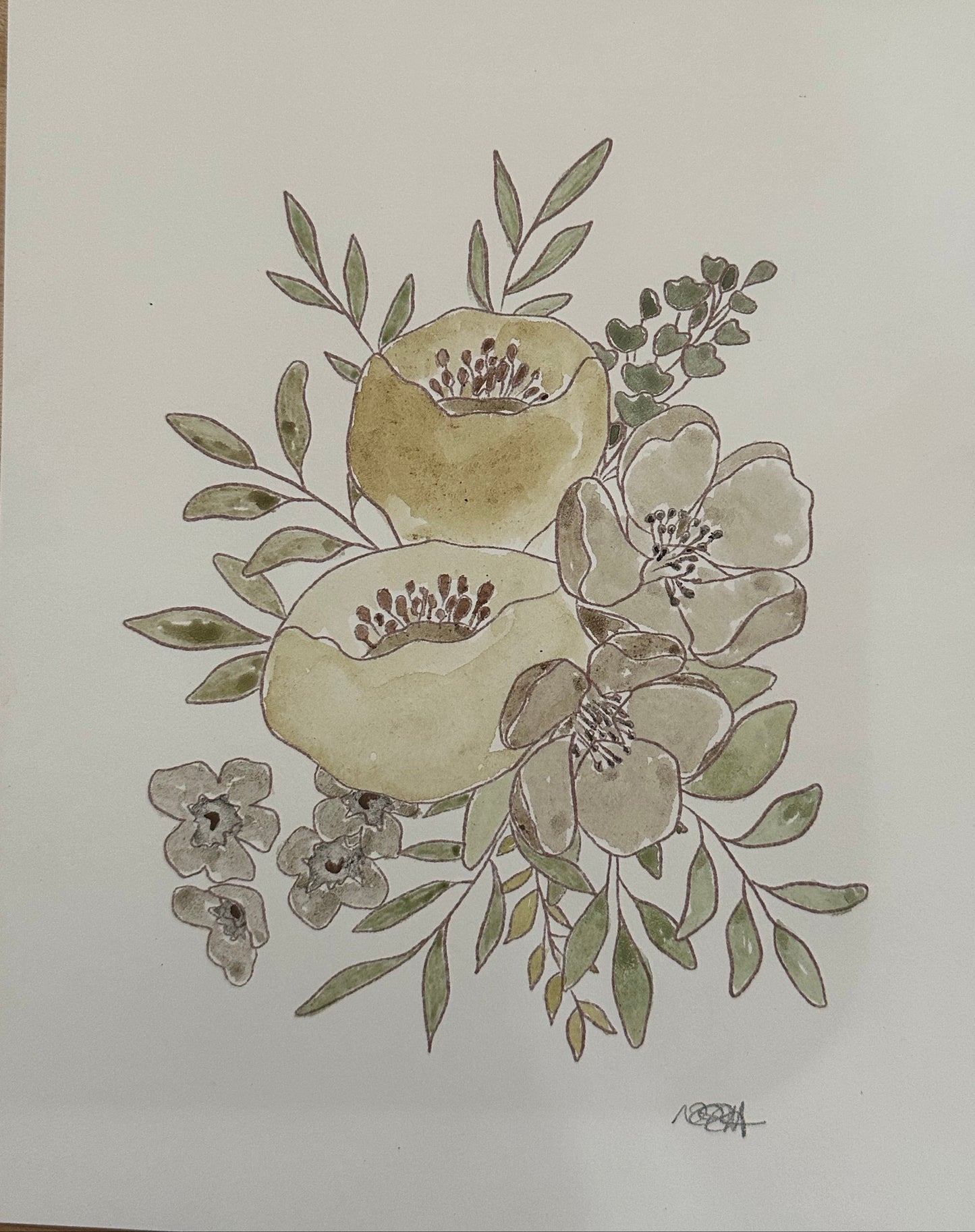 A botanical watercolor painting of flowers and leaves on white paper, photographed from above on a light wood surface. The artwork features muted sage green, beige, and brown tones with delicate linework.