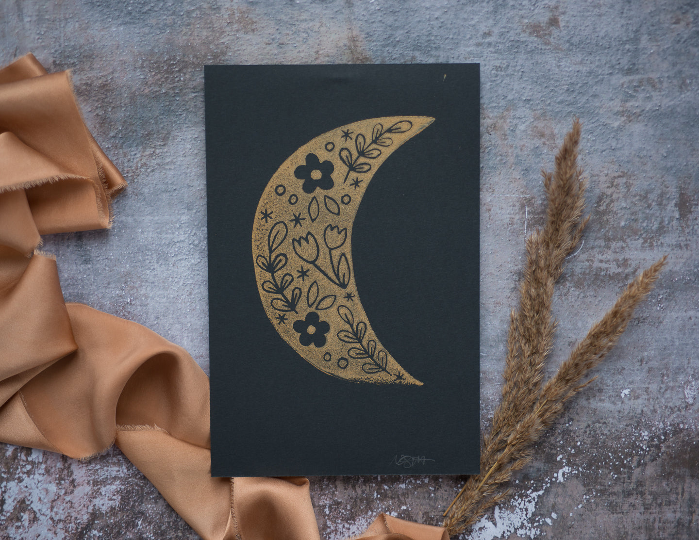 Floral Moon Blockprint